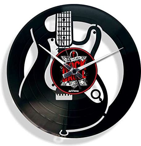 DISCOCLOCK - Orologio Electric su disco in Vinile 100% Riciclato. Idea Regalo per chitarristi. Orologio in Vinile Silenzioso con chitarra, Facile da Appendere