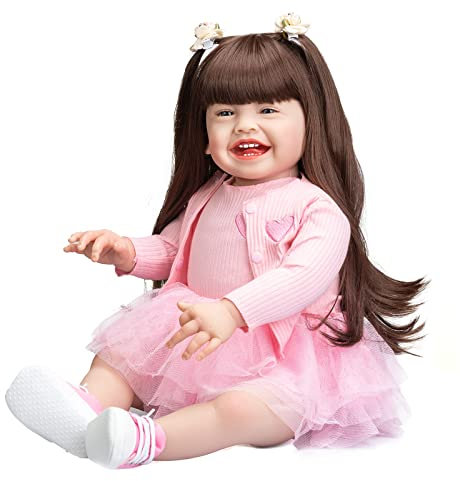 Enjoy with Love Neue 60CM Große Größe Mila Reborn Kleinkind Mädchen Weiche Tuch Körper Lächeln Glückliche Baby Puppe Kuschelpuppe Geschenke für Mädchen (Brown Eyes)