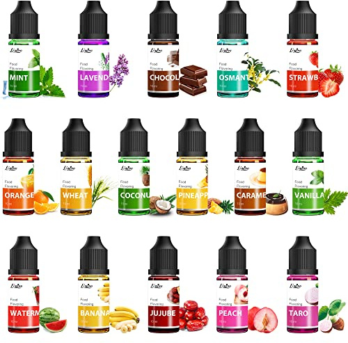 Lebensmittelarom, Food Flavour Drops - 16 Konzentrierte Lebensmittel Aromaöl Flavor Oil zum Backen, Kochen, Süßigkeiten - Wasser- und öllösliches Lipgloss Aromaöl für die Seifen, Getränke - je 10 ml
