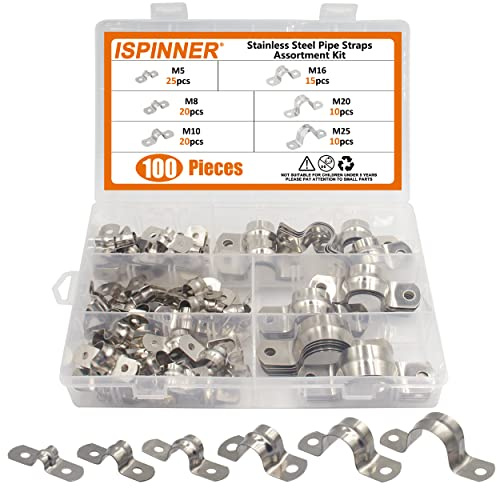 ISPINNER 100pcs Stainless Steel Rigid Pipe Strap Assortment Kit, 2 Holes Cable U Bracket Clamp Hanger Tube Strap Tension Clips M5 M8 M10 M16 M20 M25