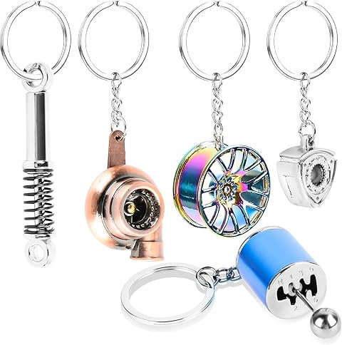 Encuryna 5 Stücke Autoteile Schlüsselanhänger, Metall Auto Motorrad Schlüsselanhänger, Turbolader Keychain, Felgen Anhänger Personalisiert für Mädchen Jungen (Bunt)