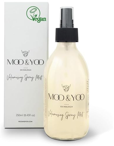 Moo & Yoo Volumising Spray Mist – Lightweight Root Lift & Body for Fine Hair – Adds Volume, Thickness & Natural Shine – With Marula Oil & Icelandic Moss – Vegan, Cruelty Free, 250ml Glass Bottle
