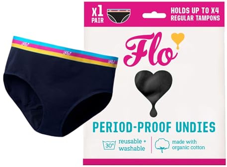 FLO - Period-Proof Undies - Black Hipster Brief (XL) - Period Underwear for Women - Organic Cotton - Holds 4 Tampons of Flow