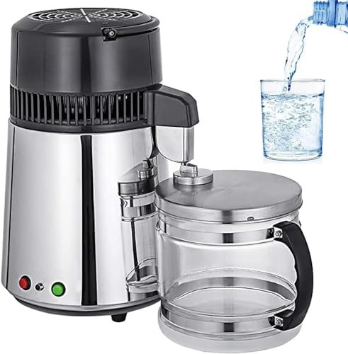 Destilador de agua de 4 litros, máquina de destilación de agua pura, destilador de agua de encimera, filtro purificador de destilador de alcohol de acero inoxidable 304 for oficina en casa, plata