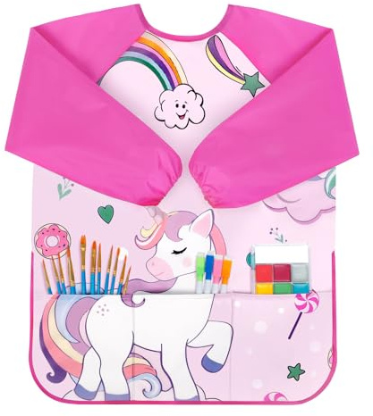 Bassion Kids Art Smock, Toddlers Painting Aprons Colorful Waterproof Children Artist Smock with Long Sleeve 3 Roomy Pockets for Age 2-8 Years Gifts(Pink)