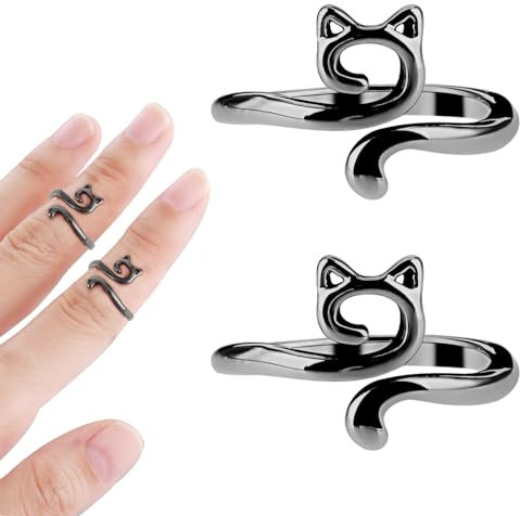 Sibba Häkel-Finger-Spannringe 2 Stück zum Häkeln Stricken Garnhalter Verstellbar Vielseitig Katzenmuster Führungsschlaufe Geflochten gestrickt Weben Strickregler Dekorieren von Fingern (Schwarz)