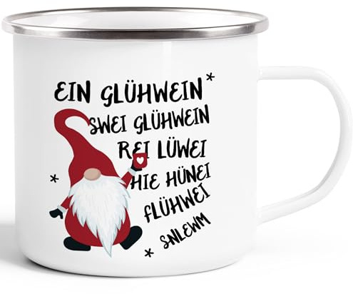 MoonWorks® Emaille-Tasse Spruch Ein Glühwein Swei Glühwein-Becher Wichtel Weihnachtsmarkt Geschenk Weihnachtsmann Emaille-weiss-silber standard