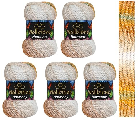 5 x 100g Wollbiene Harmony Batik 500 Gramm mit Farbverlauf 30% Baumwolle mehrfarbig Multicolor Strickwolle Häkelwolle Wolle Ganzjahreswolle (8080 grün orange braun weiß)