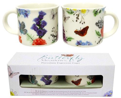 Puckator - Set di Due Tazzine da Caffè in Porcellana a Tema Farfalle, Animali - Design Originale Inglese Butterfly Meadows - Espresso Cup