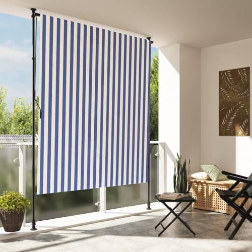 Baziroo Außenrollo Balkonrollo Vertikalmarkise Senkrechtmarkise Außen Sonnenschutz Außen Rollo Outdoorrollo Sichtschutzrollo Balkonmarkise Vertikal Sonnensegel 150x270 cmRollo Blau und Weiß Stoff