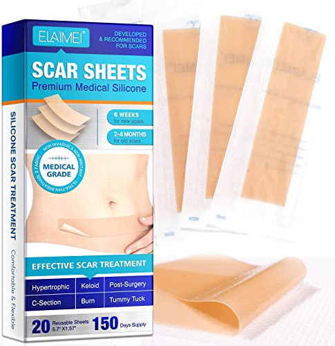 Silikonpflaster für Narben - Silicone Scar Tape, Professionelle Entfernung Neuer Alter Narben durch Kaiserschnitt, Chirurgie, Verbrennung, Keloid, Akne, etc. (4 x 14.5 CM, 20 Stück)