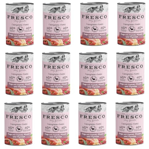 Fresco Complete-Menü Ziege mit Maniok, Pfirsich und Thymian | 12er Pack | 12 x 400 g | Nassbarf für Hunde | Wichtige Vitamine & Linolsäure | Grob zerkleinertes Naturprodukt
