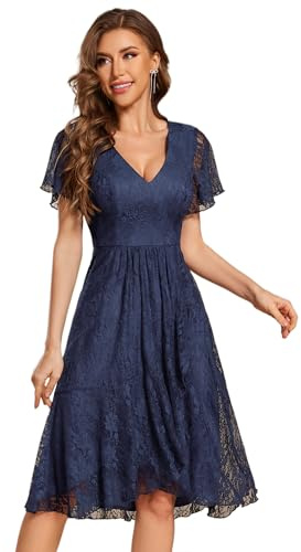 Ever-Pretty Vestido de Mujer Bordado Invitada de Boda Midi Cuello en V Corte Imperio Fiesta Azul Marino 44