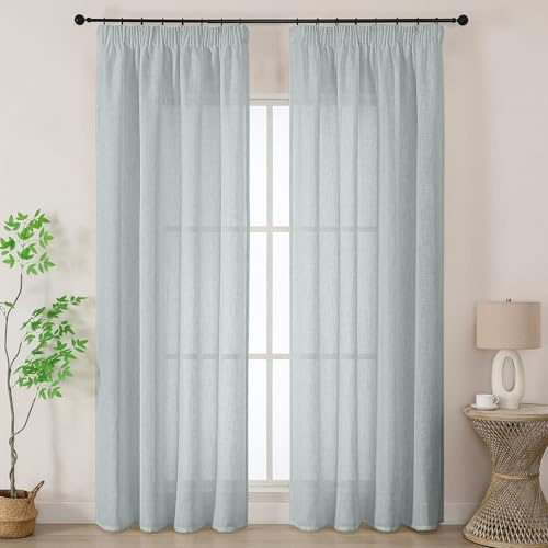 Joydeco Leinen Gardinen mit Kräuselband Grau Blau Vorhänge Wohnzimmer Modern Boho Leinenoptik Gardine Halbtransparent Vorhang für Schienensystem Curtains Bedroom 2er Set H 245 x B 140 cm