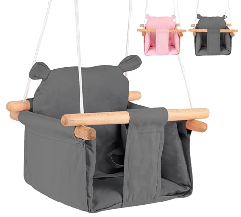 XUANYU Portique Balancoire Enfants Pliable avec Ceinture de Sécurité, Balançoire Bébé Enfants en Tissu et Bois, Siège d'Oscillation, Balancoire Exterieur Interieur, Balançoire de Jardin (Gris)