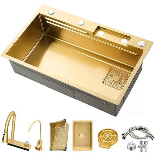 ASKLFNEI Fregadero De Cocina De 1 Cubeta, Dorado Cascada Fregadero De Acero Inoxidable, con Grifo Cocina Extraible, Cesta De Drenaje, Sifón, Rebosadero Y Desagüe Así como Otros Accesorios(70x50cm)