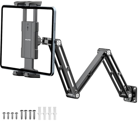 OHLPRO Väggfäste för surfplatta, iPad-hållare vägg av aluminium kompatibel med 5–13 tum iPad Pro Mini Air Galaxy Tab S9 Kindle Switch med 360° vridbar justerbar arm för kök badrum gym