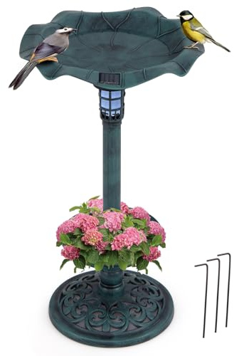 COSTWAY Vogeltränke mit Solarleuchte, Blumentopf, Wasserschale & Ständer, Vogelfutterstation Retro, Futterspender Vogelfutterspender, Wildvögel Vogelbad Garten Hof Terrasse, Ø43x76cm (Grün)