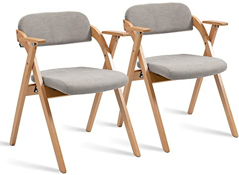 Villeston Klappstühle mit gepolsterten Sitzen, 2 Set | Holz-Esszimmerstuhl mit abnehmbarem Bezug, klappbarer Stuhl für Gäste, Küche, Büro, Hochzeit & Party, Sandfarben