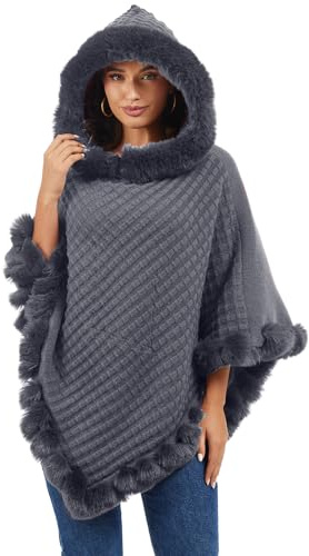 Rayson poncho med huva för kvinnor vinter med fuskpäls trim stickad kappa höst elegant varm plysch sjal med huva, Grå, one size