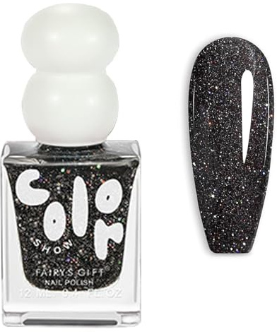 Black Glitter Nail Polish - Shimmer Black Nail Varnish - 60 Seconds Quick Dry Pearl Nail Polish - High Gloss Shine & Long Lasting Nail Art Polish For Women Girls Manicure DIY - No UV Bake