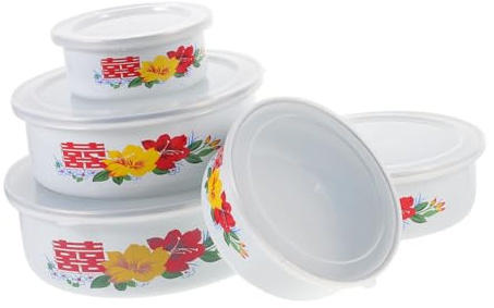 CLISPEED Set di 1 Ciotola Smaltata con Coperchio in Plastica per Conservazione Alimenti con Buona Tenuta, Leggera, per Ristoranti e Mense | Leggera e Portatile, Bordi Lisci, per Campeggio e Negozi Alimentari, Forma Rotonda