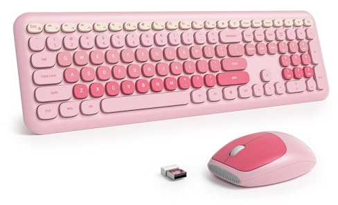 Vumilstek Pink Quiet Keyboard and Mouse Wireless, Full Size Silent Keyboard Cute Typewriter American QWERTY 2.4G Cordless Round Keys for Office Home Dorm PC/Laptop/Desktop(Diary Pink)