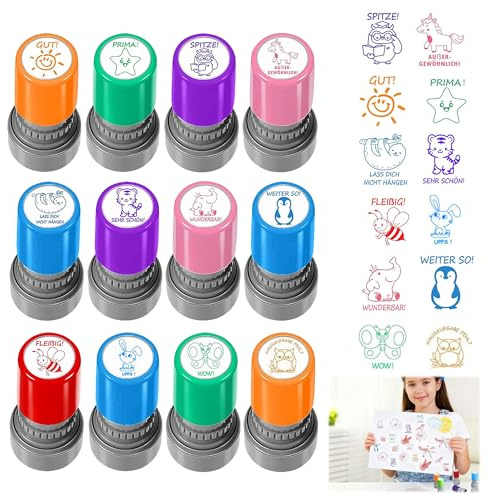 12 Stück Stempel Lehrer Selbstfärbender: Bewertung Lob Motivationsstempel Plastik Automatik für Hausaufgaben Feedback Pädagogen Geschenk