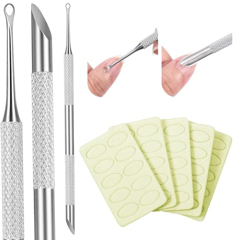 Dual Ended Cuticle Pusher, Stainless Steel Cuticle Remover Tool Pre-treatment Cuticle Scraper with 5 Pcs Sandpaper Sheets for Home Salon Manicure Pedicure Nail Art Dead Skin Removing