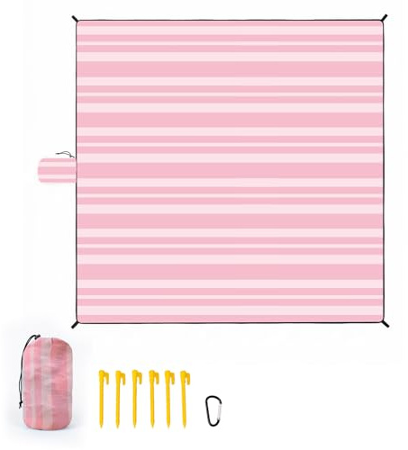 RUMBALUXY Picknickdecke XXL Wasserdicht Faltbar 304 x 304 cm, Sandfest Beachdecke Kompakt Waschbar Picknickmatte mit Karabiner& 6 Heringe, für Beach, Camping, Garten, Wandern, Rosa Streifen