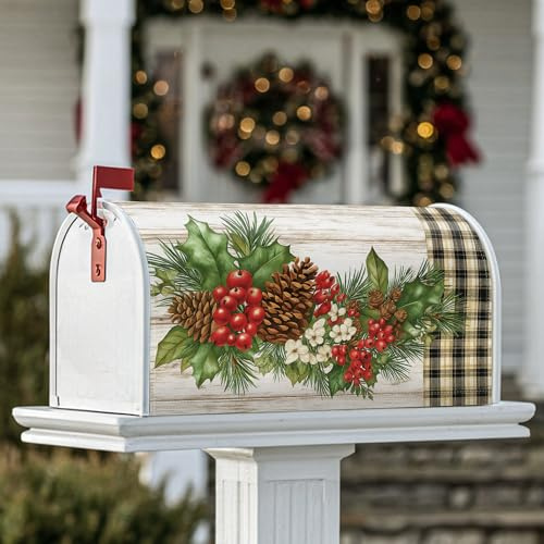 Pinecones - Coperture magnetiche per cassetta postale, motivo invernale rustico, con bacche di agrifoglio, foglie sempreverdi, decorazioni per casa e giardino, 45,7 x 53,3 cm