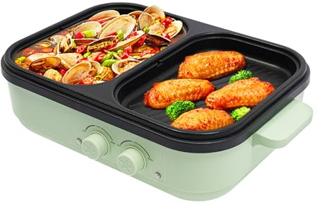 2-in-1 Elektrische Heißplatte mit Grill & Fonduetopf, 2 unabhängige Temperaturzonen für 1-3 Personen, für Hot Pot & Grillen für heiße Töpfe in Haushalten, bei Familienfeiern 34 * 22 * 13cm(Grün)