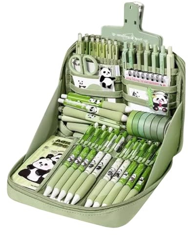Panda brevpappersset – 13,39 canvas grundskola tillbehörssats med pennfodral, klistermärken, nyckelringar, skrivverktyg | skolmaterialset