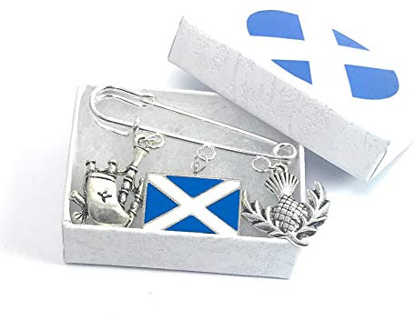 Épingles à kilt écossais avec drapeau écossais, cornemuse et chardon écossais livré dans une boîte cadeau