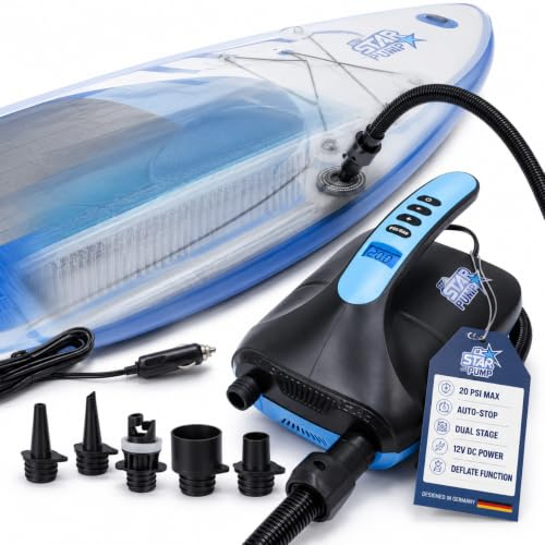 SkinStar elektrische SUP Board Pumpe Luftpumpe Kompressor Stand Up Paddle | Bis 20 PSI, automatischer Stopp, 2-Stufen-System, Abpumpfunktion, 12V Autoadapter 2,75 m, 5 Adapter, deutsche Marke