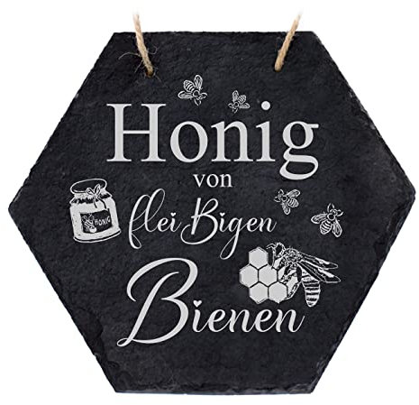 Imker Schild aus Schiefer Bienen Deko - Honig von fleißigen Bienen - Bienenwabe Türschild 18 x 16 cm | Dekolando