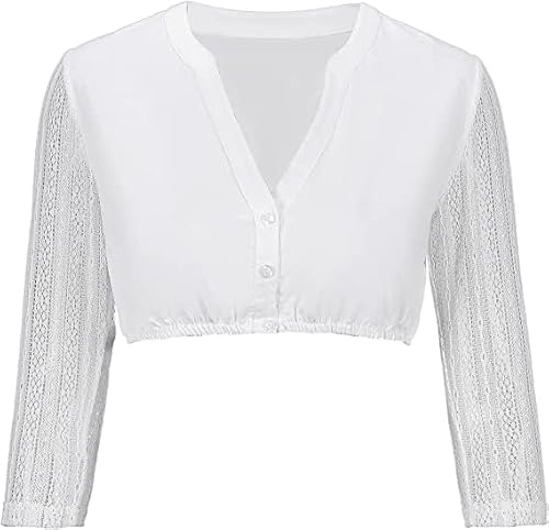 Kelliar Dirndl Bluse Damen Trachtenbluse Damen Dirndlbluse Langarm Weiß Trachtenblusen Spitze 3/4 Arm V-Ausschnitt Dirndl Bluse Spitze für Oktoberfest,Größe 40