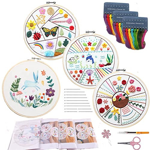 VINTAGE EMBROIDERY V.E. Anfänger Stickerei-Kit, 4-Sätze Erwachsener Stickerei-Kit zu lernen 30 verschiedene Stiche für Handwerk Liebhaber, Tier Kreuzstich-Set mit Farbfäden und Werkzeugen