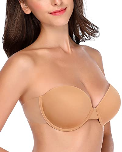 HANSCA Women’s Backless Strapless Push Up Bra Thick Padded Sticky Underwired Bras Self Adhesive(Caramel,A)