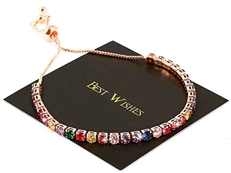 YUNCHONGuk Rose Gold Bracelet for Women,Colorful Tennis Bracelet,Crystal Slider Bracelet,4mm Cubic Zirconia Adjustable Bracelet with Gift Box,Christmas Jewellery Gifts for Lady Girls (Style A)