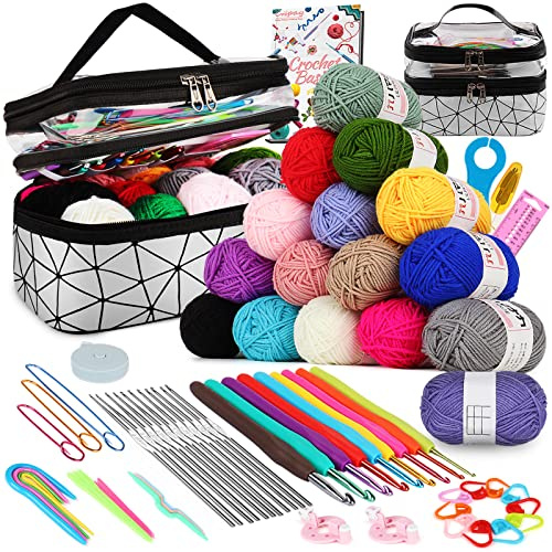 Coopay Set di uncinetti per principianti, 71 pezzi con borsa e lana, set di uncinetto premium con accessori per maglieria e filato, uncinetto completo per principianti, argento