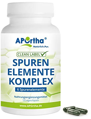 APOrtha® Spurenelemente-Komplex - 120 vegane Kapseln mit 7 Spurenelementen zur Grundversorgung Mangan, Kupfer, Jod, Selen, Molybdän, Zink und Chrom, Natürlicher Füllstoff Spirulina und Alfalfa