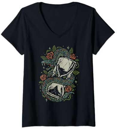 Damen Japanische traditionelle Rosen und Schlange Sanduhr Tattoo-Stil T-Shirt mit V-Ausschnitt