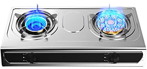 IBOWZ Plaque de Cuisson Gaz Table de Cuisson à gaz Plaque de Cuisson à gaz en Acier Inoxydable avec 2 Champs de Chauffage et Anneaux de Plaque de Cuisson en Acier Inoxydable antidérapants,pour réc