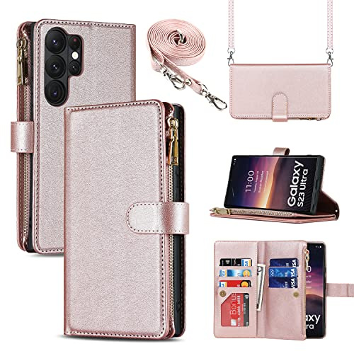 CAVOR Handykette Handyhülle kompatibel mit Samsung S23 Ultra Hülle Mit Band,Leder Geldbörse Hülle,[9 Kartenfach][Magnetisch] Klapphülle - Roségold