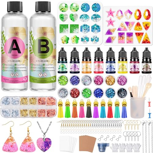 JIDJIX 2 partes 400ml Kit Resina Epoxi Transparente para Manualidades - Moldes con Lentejuelas, Pigmento, Hoja de Oro para hacer Colgante, pendientes, Joyas, Llavero