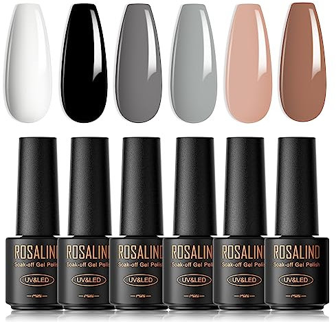 ROSALIND Vernis Semi Permanent 6 Couleurs Mini Blanc Noir Gris Nu Brun Vernis à Ongles Gels Semi-permanents UV LED Soak Off Gel Nail Polish Kit