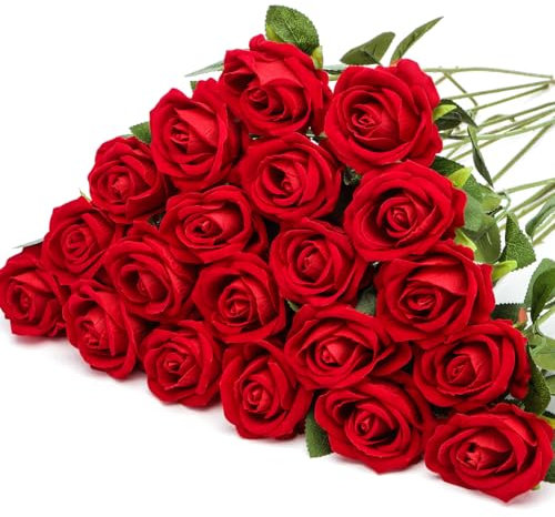 Sredumn 20PCS Artificial Roses, Fake Velvet Rose Single Flowers with Stem,for Wedding Decoration, Home Garden Garty Centrepieces(Red)