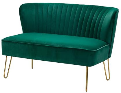 HULALA HOME Sofa 2 Sitzer Lounge Sofa Klein für Jugendzimmer Wohnzimmer Couch aus Samt mit goldenen Metallbeinen für Schlafzimmer, 114 x 74 x 79 cm, Grün