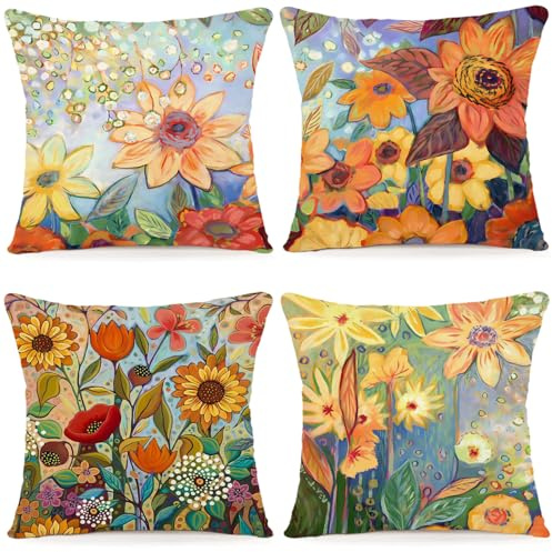 ZWJD Fodera per Cuscino Decorativa in Lino 40x40 Set di 4 Fodere per Cuscini Floreale Pittura ad Acquerello Fodere per Cuscini per Divano Camera da Letto Divano Cuscino per Esterno 40x40 A201-16